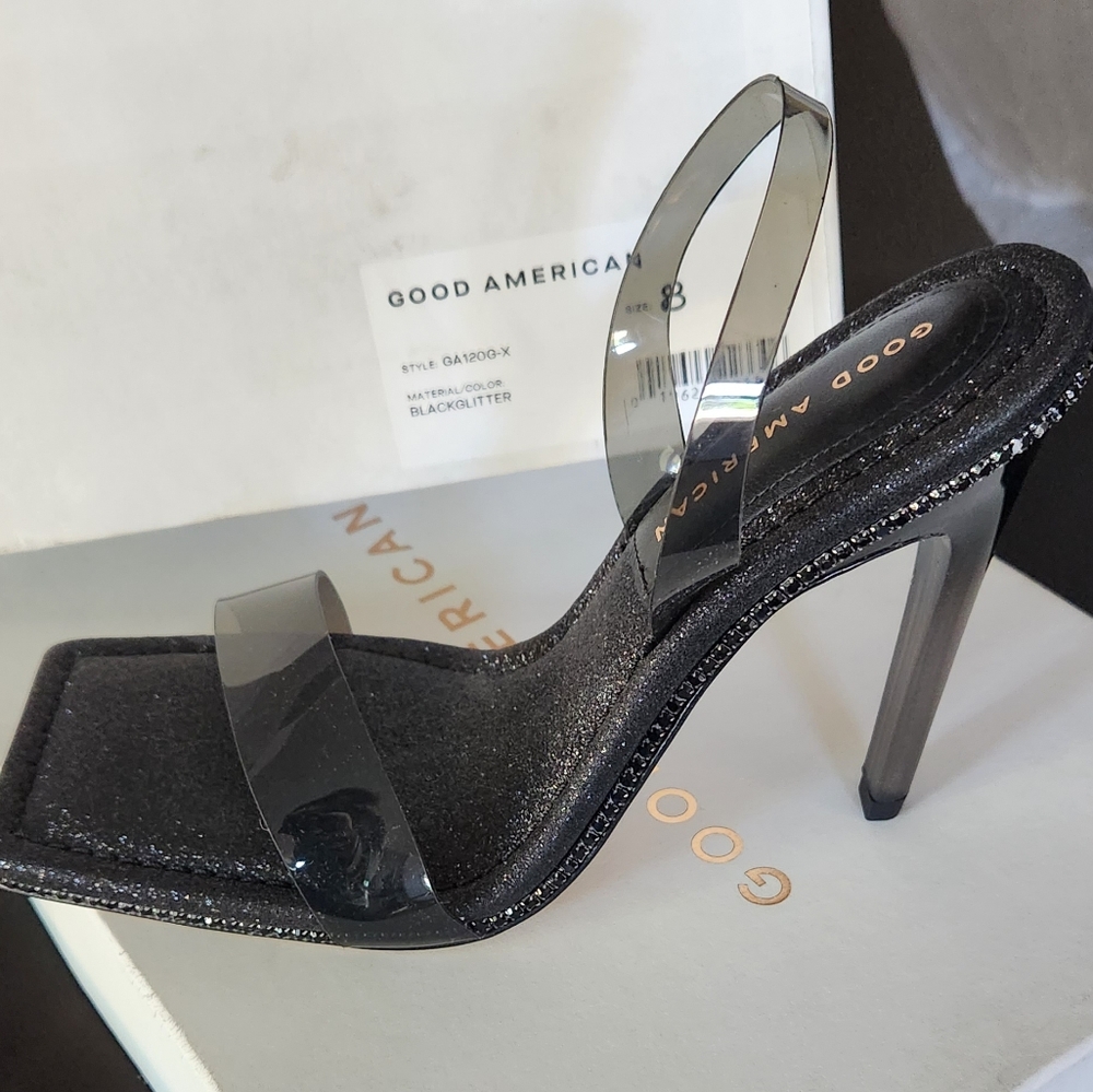 GOOD AMERICAN - Black Glitter - Crystal Crush Lucite Sandal - Black - Size 8 - Picture 3 of 3